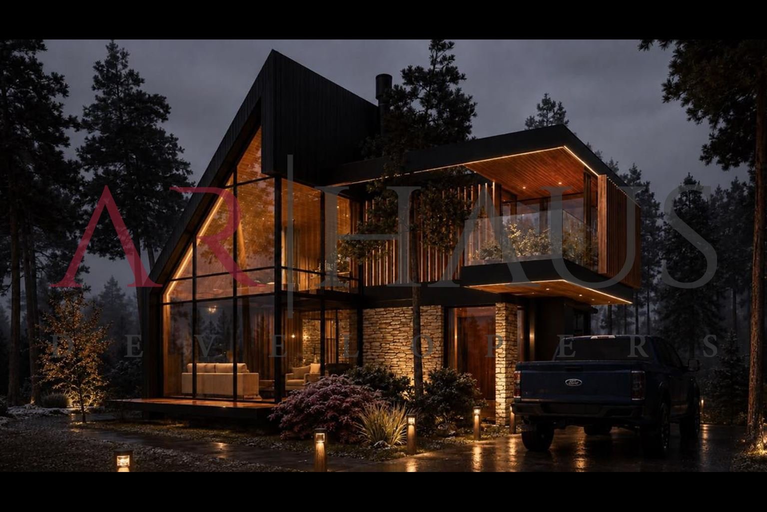 Casa Huepil, Fachada con jardín iluminado